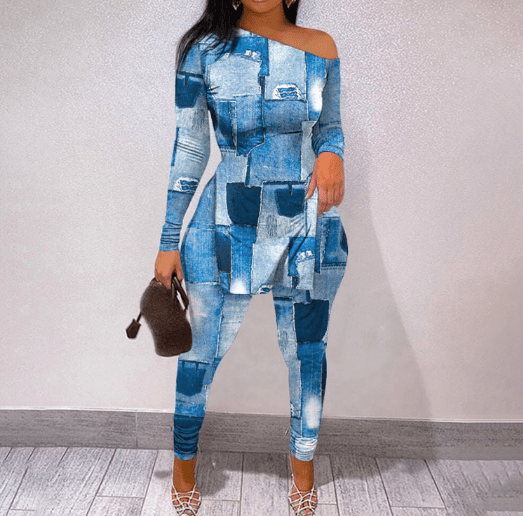 XL / Denim color Sharee 2023 New Arrival Women Clothing Letter Printing Tops Match Print Pants Fashionable Sets Irregular 2 Piece Set Women