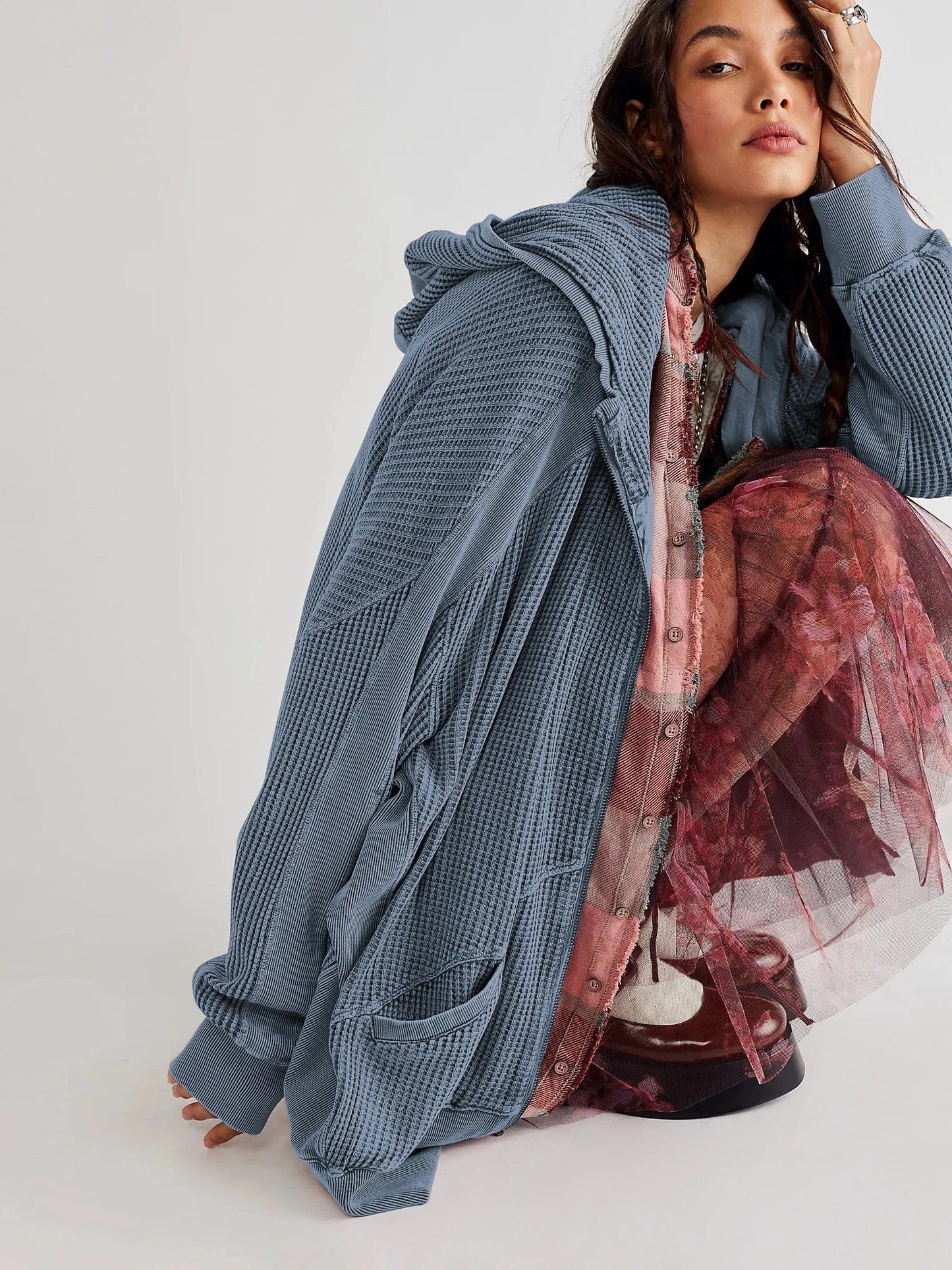 XL / EWLB074 Waffle High Quality Fabric Black Wholesale Full Hoodies Zip Up Hoodie Manufacturer