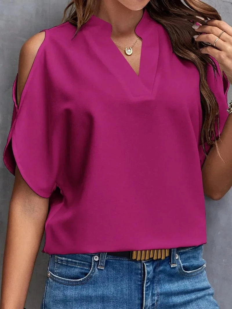 XL / Fuchsia 2024 Women Lady Solid Loose V-neck Short Sleeves Spring Summer New Fashion Sleeved Casual Daily  Blouse T-shirt
