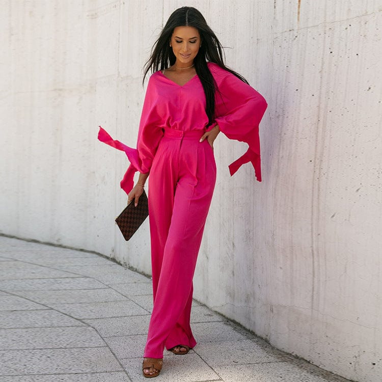 XL / Fuchsia GX0148 New 2023 spring fall fashion long sleeve V-neck shirt and wide-leg pant matching suits 2 piece set for women street wear