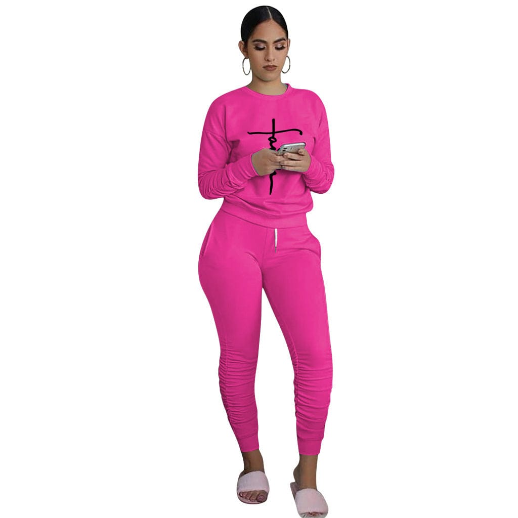 XL / Fuchsia Trendy Women Clothes Women's Letter Printing Two-piece Suit Sports Jogger Tracksuit Fashion Yoga Outfit All Base Drop shipping
