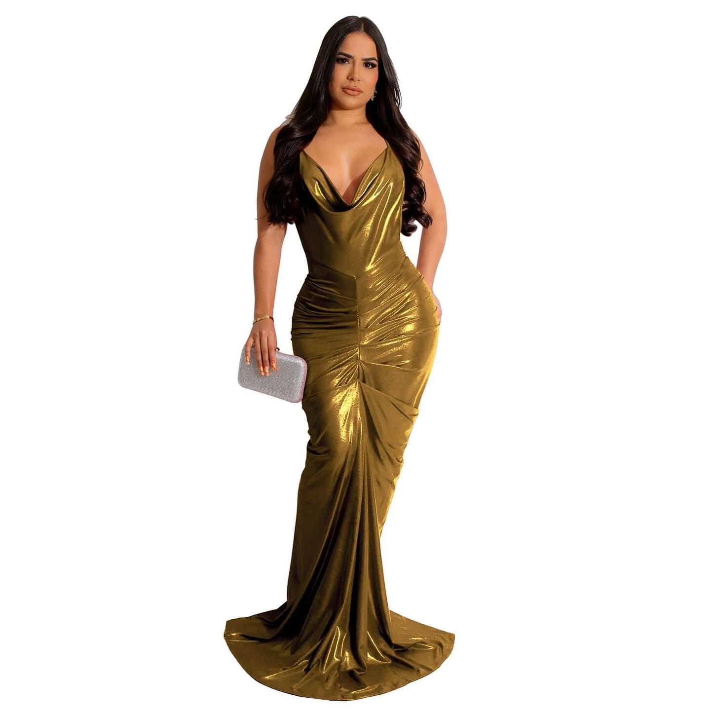 XL / Golden D0411TA24 High Quality Party Sexy Backless Glossy Leather Floor Length Evening Dress For Women Sehe Fashion