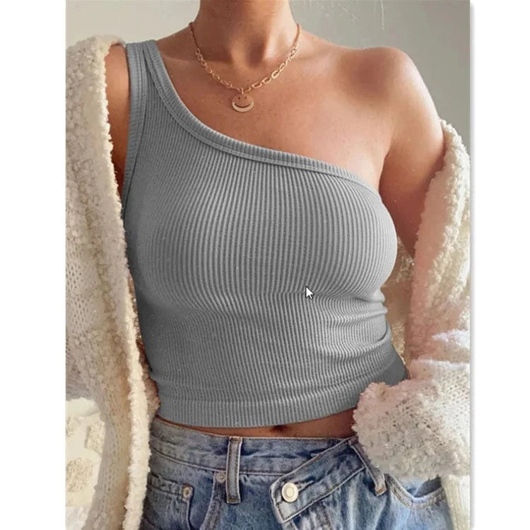 XL / Gray 2022 Wholesale Crop Tank Top Sexy Summer Outfits Ribbed Cotton One Shoulder Crop Tops for Women