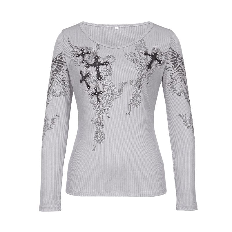XL / Gray C0171 2023 Spring Cross Print Round Neck Long Sleeve T-Shirt for Women