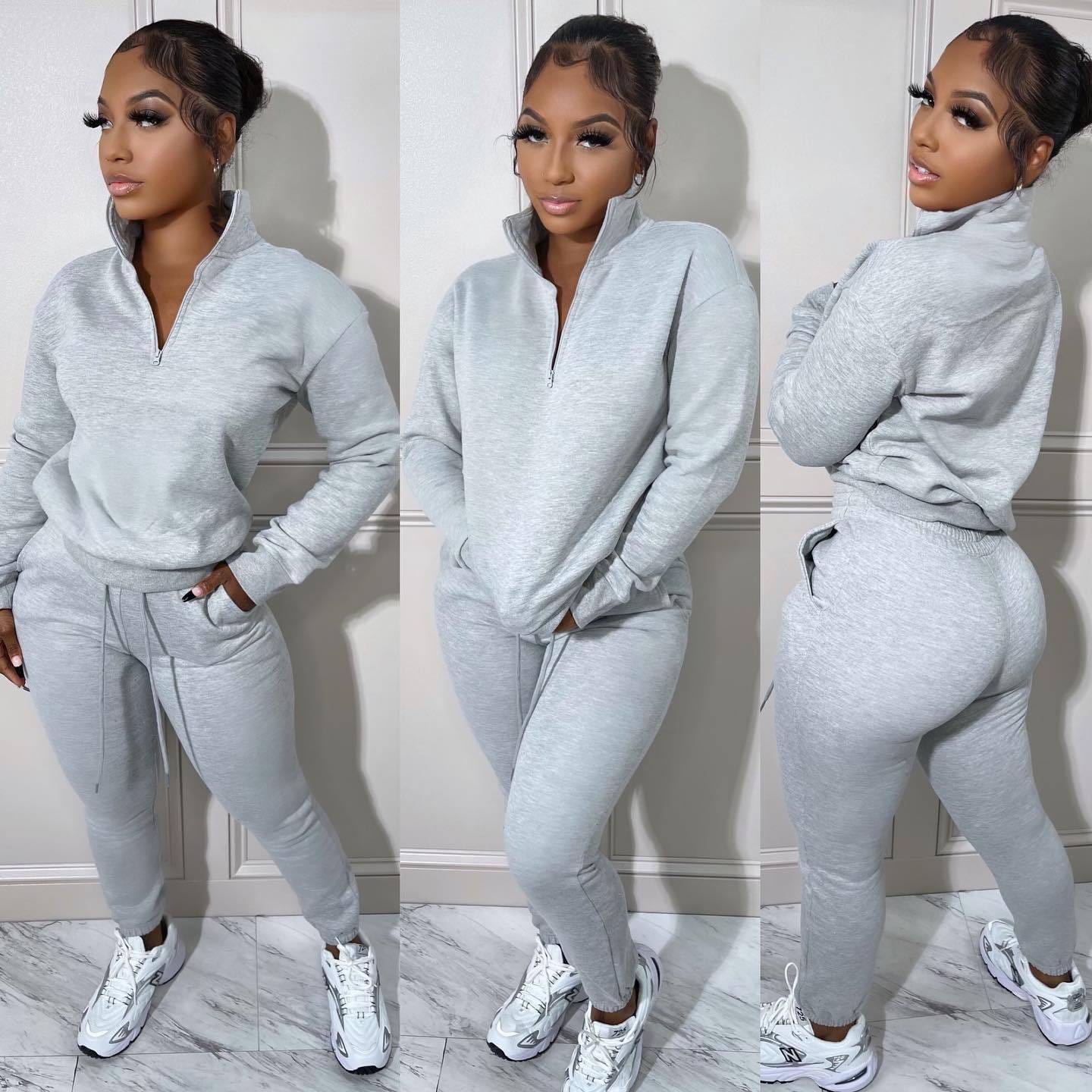 XL / Gray C1103TA40 Latest Casual Solid Color Zipper Two Piece Pants Set F or Women Sehe Fashion