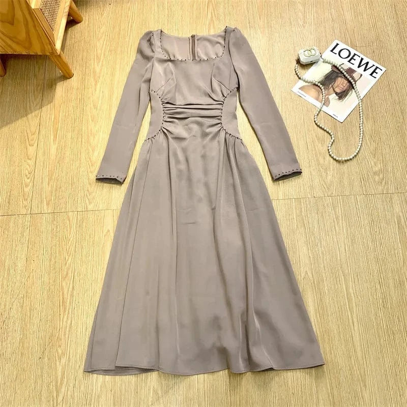 XL / Gray CHICEVER Square Collar Long Sleeve High Waist A Line Solid Slimming Long Dresses Dress For Women