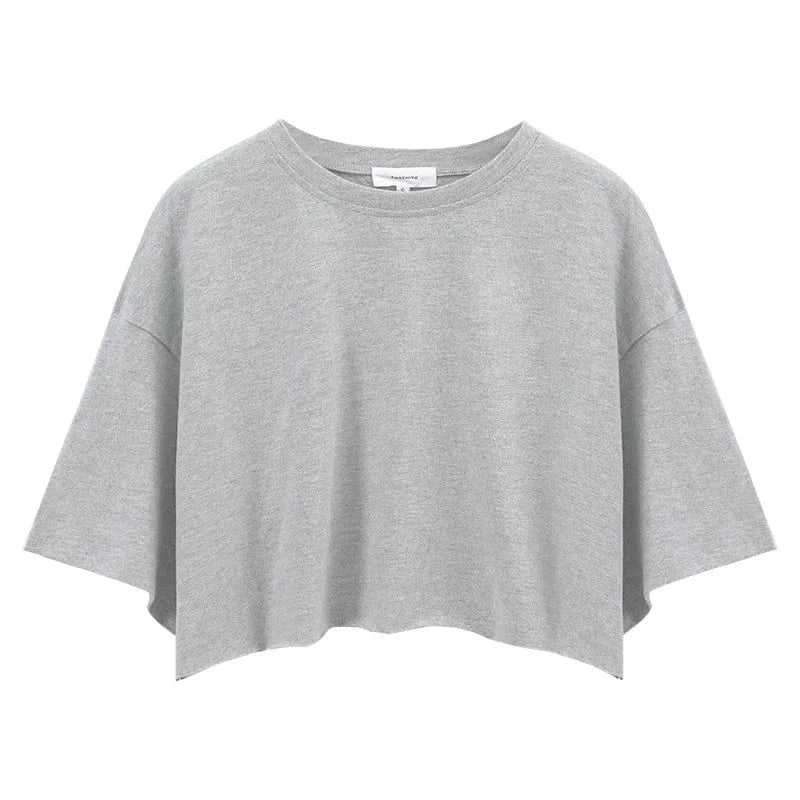 XL / Gray Custom logo Wholesale Cotton Crew Neck Short Sleeve Oversize Loose Fit Athletic Women's Blank Crop Top T shirt