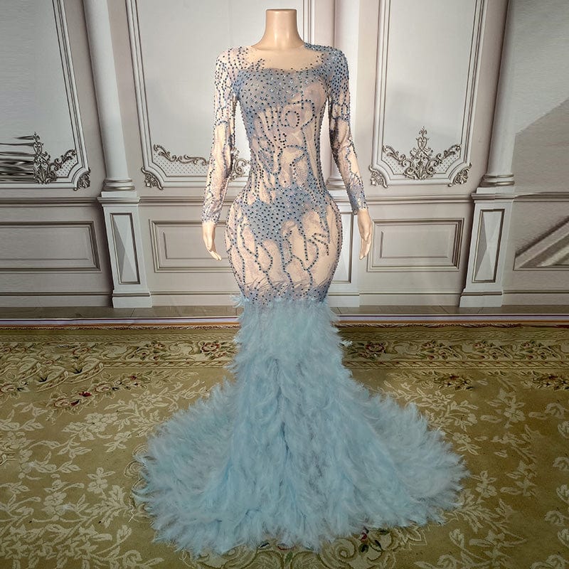 XL / Gray / Floor Length NOVANCE gorgeous pearls evening dress 2023 sparking elegant feather light blue long dress with rhinestones wedding dresses