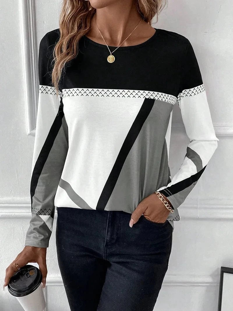 XL / Gray / Polyester / Cotton 2024 European and American Women's new pullover Round neck Contrast color Stitching geometric Printed top Women's T-shirt