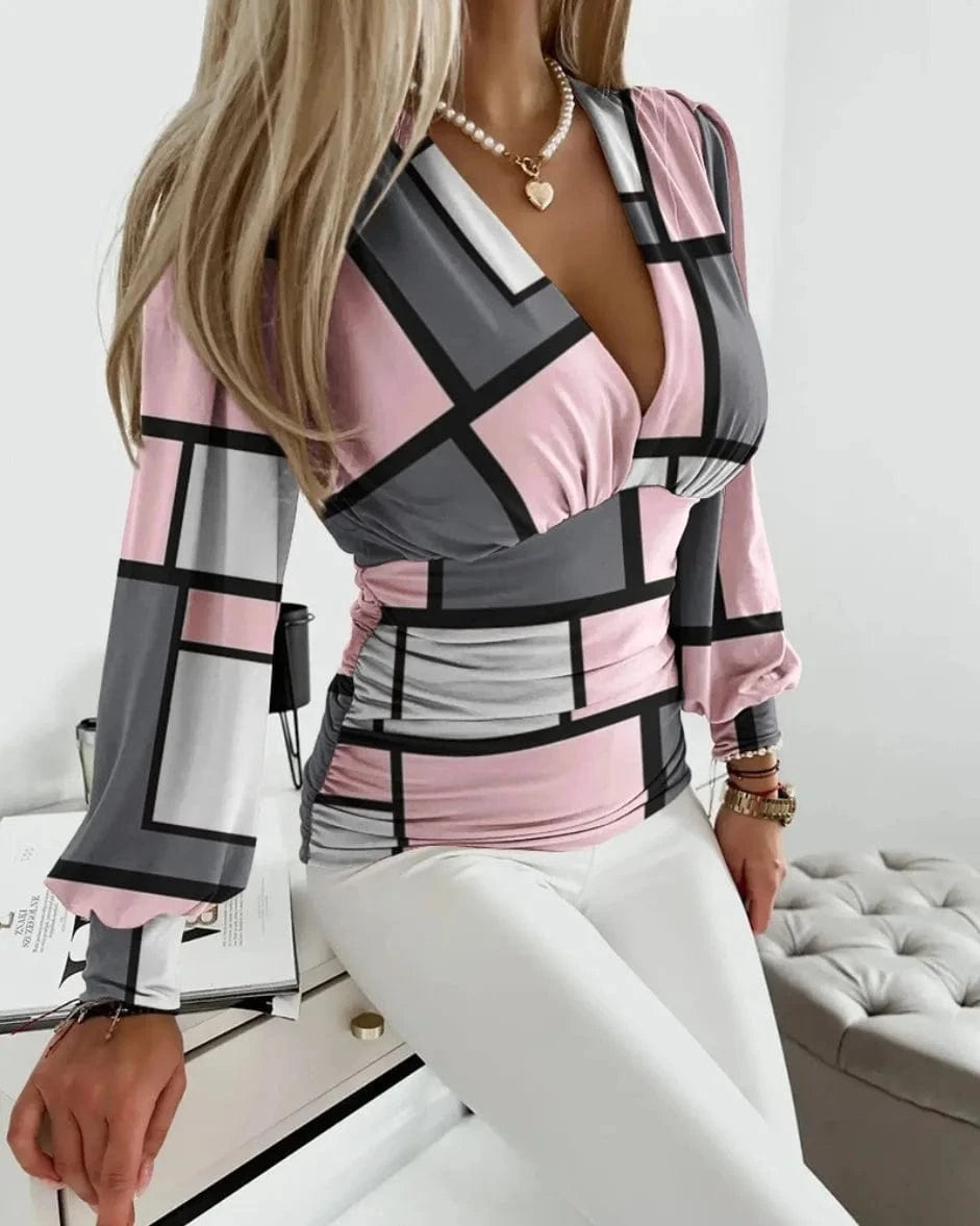 XL / Gray powder 2023 Hot Autumn Long sleeve Fashionable V-neck Printed women's shirt women's shirt