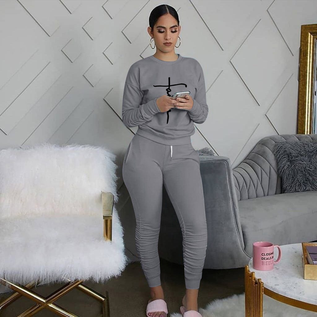 XL / Gray Trendy Women Clothes Women's Letter Printing Two-piece Suit Sports Jogger Tracksuit Fashion Yoga Outfit All Base Drop shipping