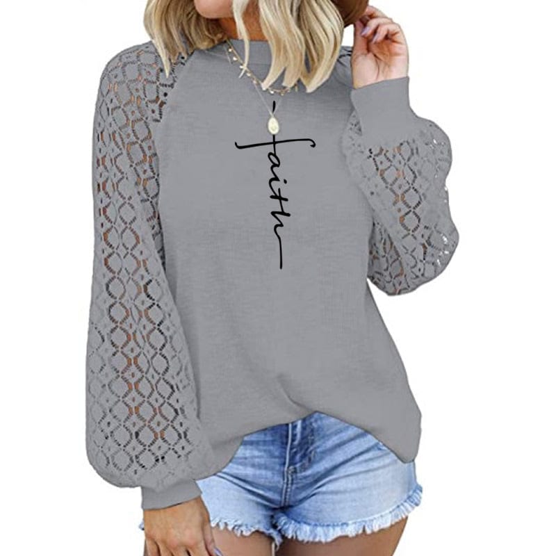 XL / Gray Women's Blouses Faith Flared Sleeves Mesh Fashion Design Loose Soild Color Summer Shirt Blouse  ladies' blouses