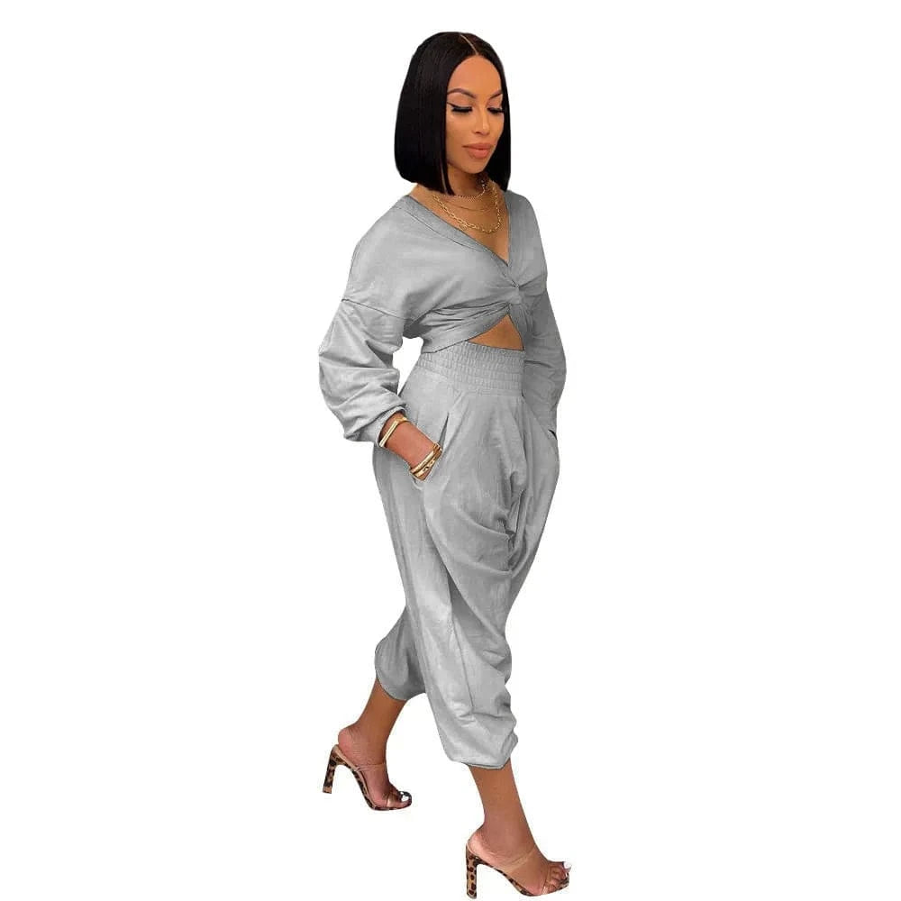 XL / Gray Women Winter Wear Wrap Crop Top Solid Two Piece Pants Set Fall 2pc Pants Set Plain Sweatshirt Suit Jogger Sweatsuit