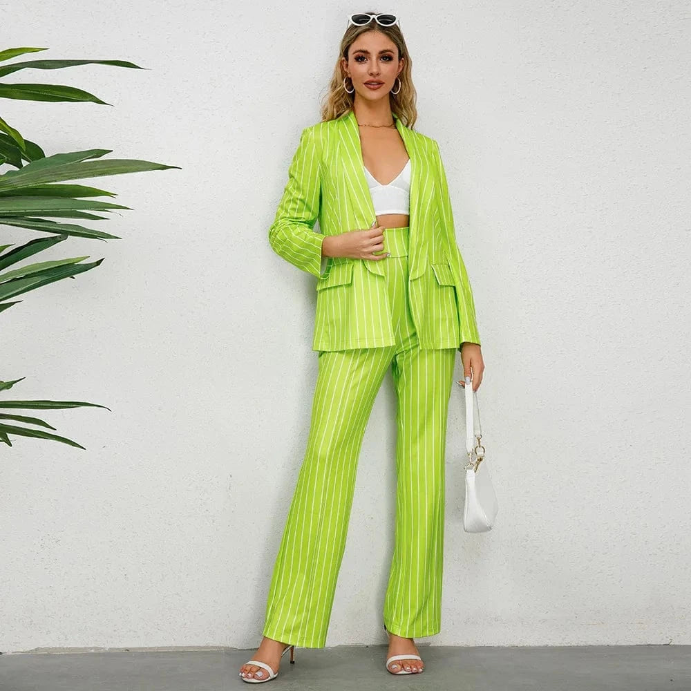 XL / green 2024 Autumn and Winter New Fashion Casual Simple Fashion Striped Suit Jacket and Straight Leg Pant Suit