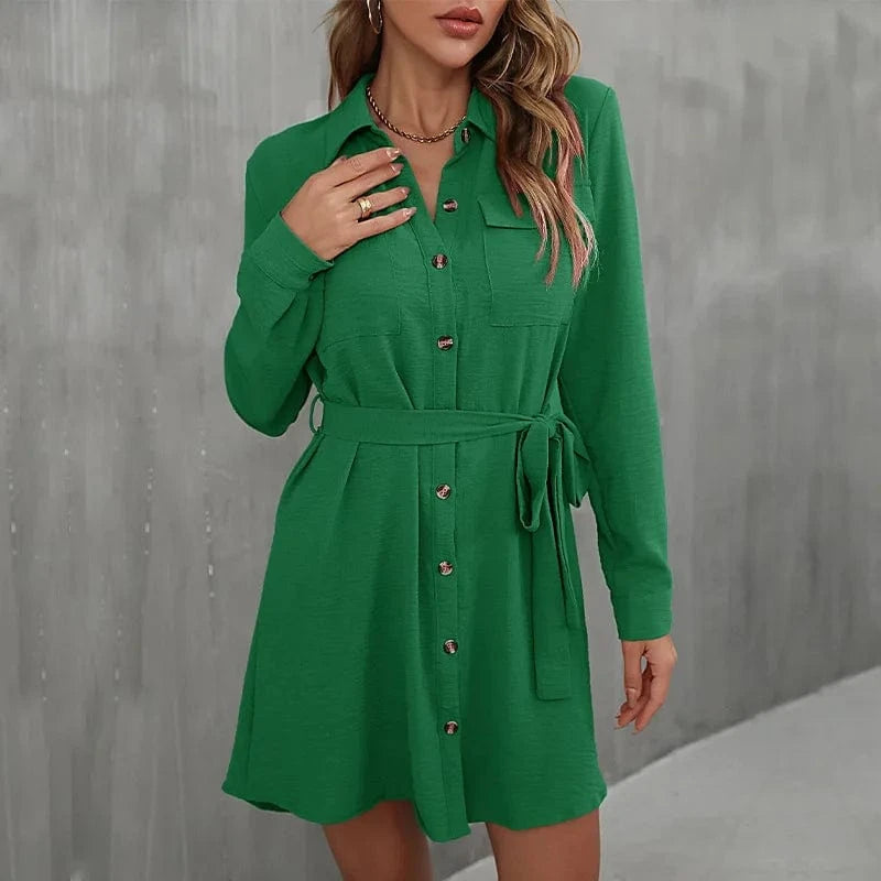 XL / green 2024 Europe New Fashion Women Lady  Spring  Autumn Lapel Solid Color Casual  Daily Long-sleeved Waist-tied Midi Dress