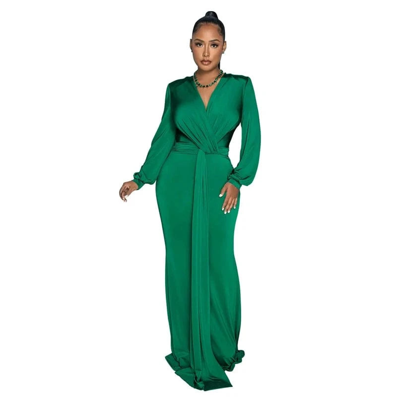 XL / green 2024 latex women bandage black gowns evening dress formal elegant long sleeve deep v neck maxi evening dress with long sleeves