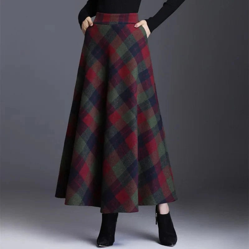 XL / green 2024 New Women Fashion Spring And Autumn Retro Plaid  Elegant Temperament Skirt Mid-length High Waist A-line Women Plaid Skirt