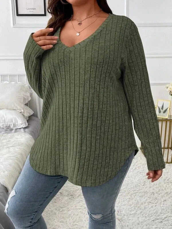 XL / green 2024  Solid Color Large Size Women's top V-neck Long Sleeve Women  Autumn Winter Pit Strip Woolen  Loose Casual Sweater