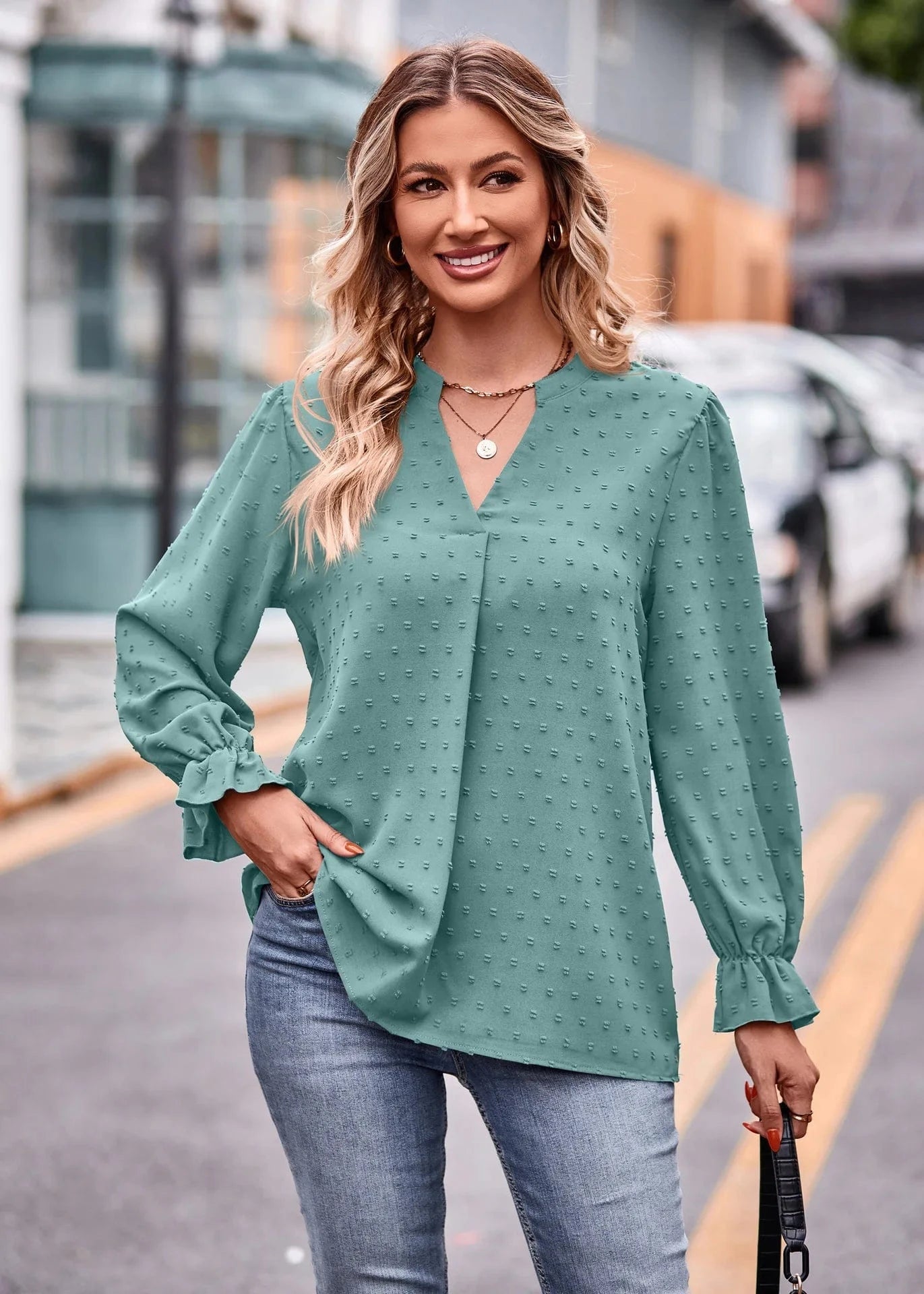 XL / green Autumn 2023 New European and American Women's Jacquard T-shirt V-neck Loose Long Sleeve Umbrella Sleeve top