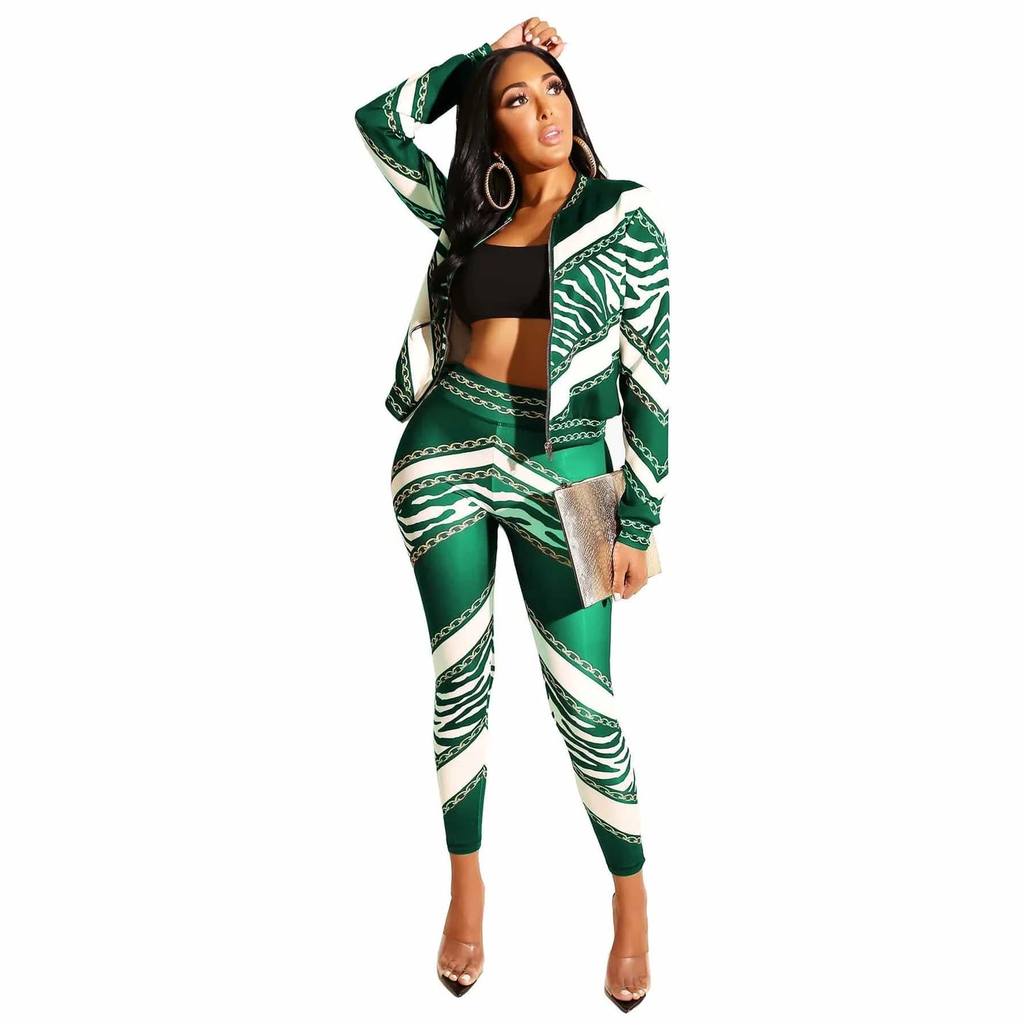 XL / green Autumn Printing Sports Suits Two Piece Pants Set Women Long Sleeve Zipper Two Piece Pants Sets