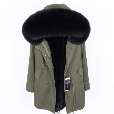XL / Green+Black Fur Women's Winter Parka Jacket Natural Fox Fur Coat Faux fur lined jacket Winter fur coats