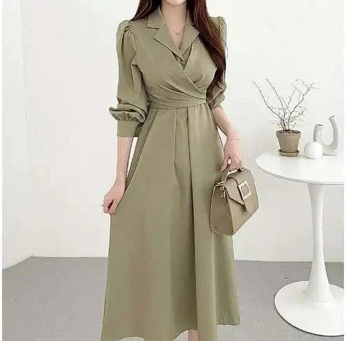XL / green Early autumn French elegant lapel cross lace-up waist bubble sleeve shirt dress mid-length skirt