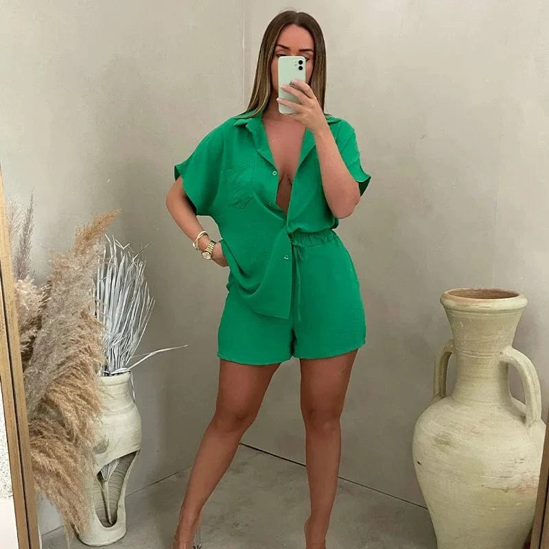 XL / green Fashion Casual Women's Suit Solid Color Classic Single-Breasted Short-Sleeved Shirt Elastic Waist Shorts Two-piece Set