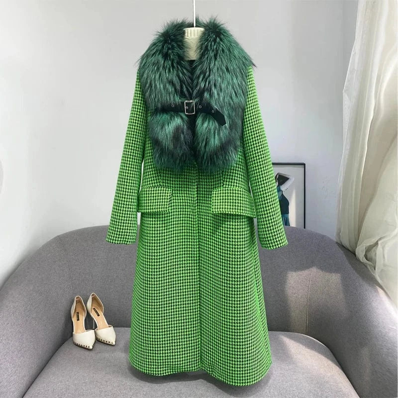 XL / green Fashion Style Winter Warm Long Women Wool Fur Cashmere Coat with Real Fox Fur Collar