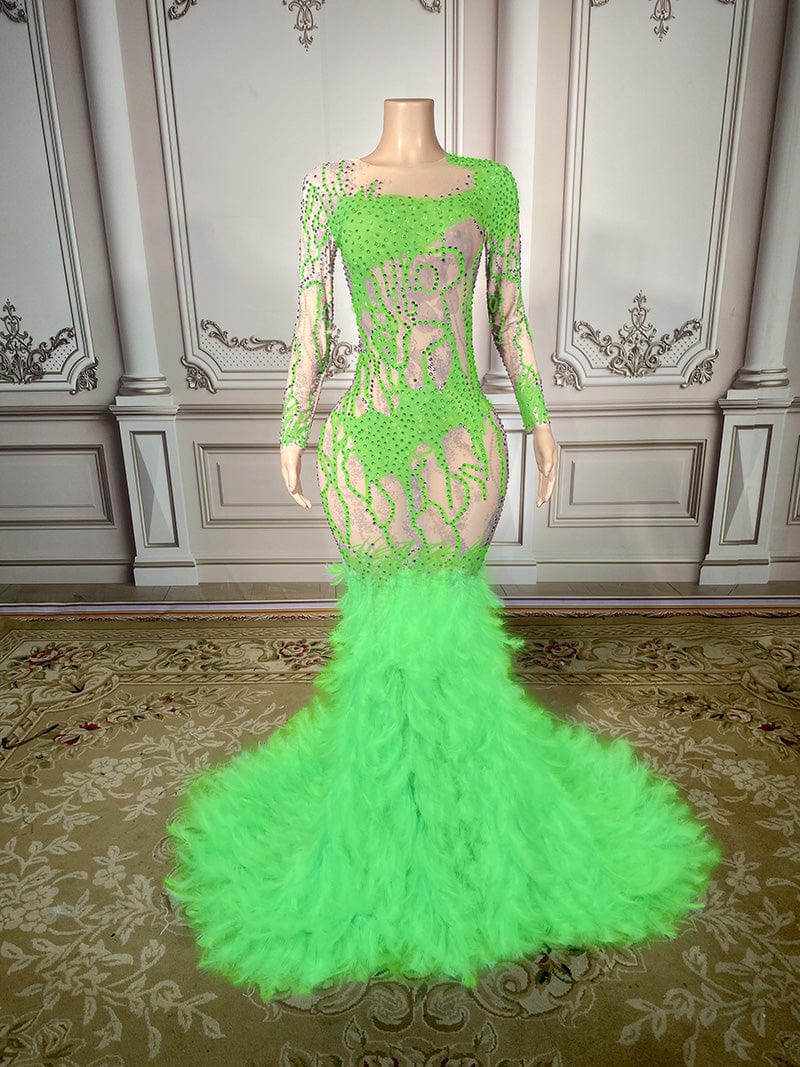 XL / green / Floor Length NOVANCE gorgeous pearls evening dress 2023 sparking elegant feather light blue long dress with rhinestones wedding dresses