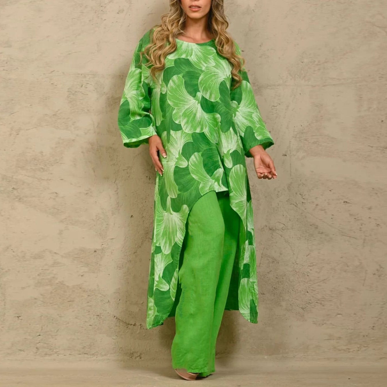 XL / green In Stock 2023 new women's fashion casual loose large print irregular top and straight pants suit