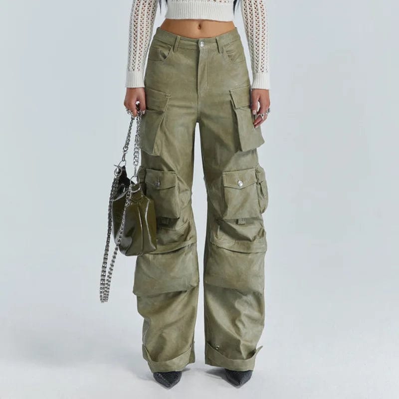 XL / green-in stock OUDINA Stylish Street Customize PU Trousers High Waist Baggy Mujer 6 Pocket Cargo Pant Wide Leg Women Leather Pants