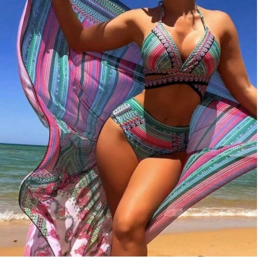 XL / green Liu Ming New Arrivals 2024 Summer Women Push Up Printed Sexy Swimwear Female Brazilian Bathing Suit Cover Up 3 Piece Bikini Set