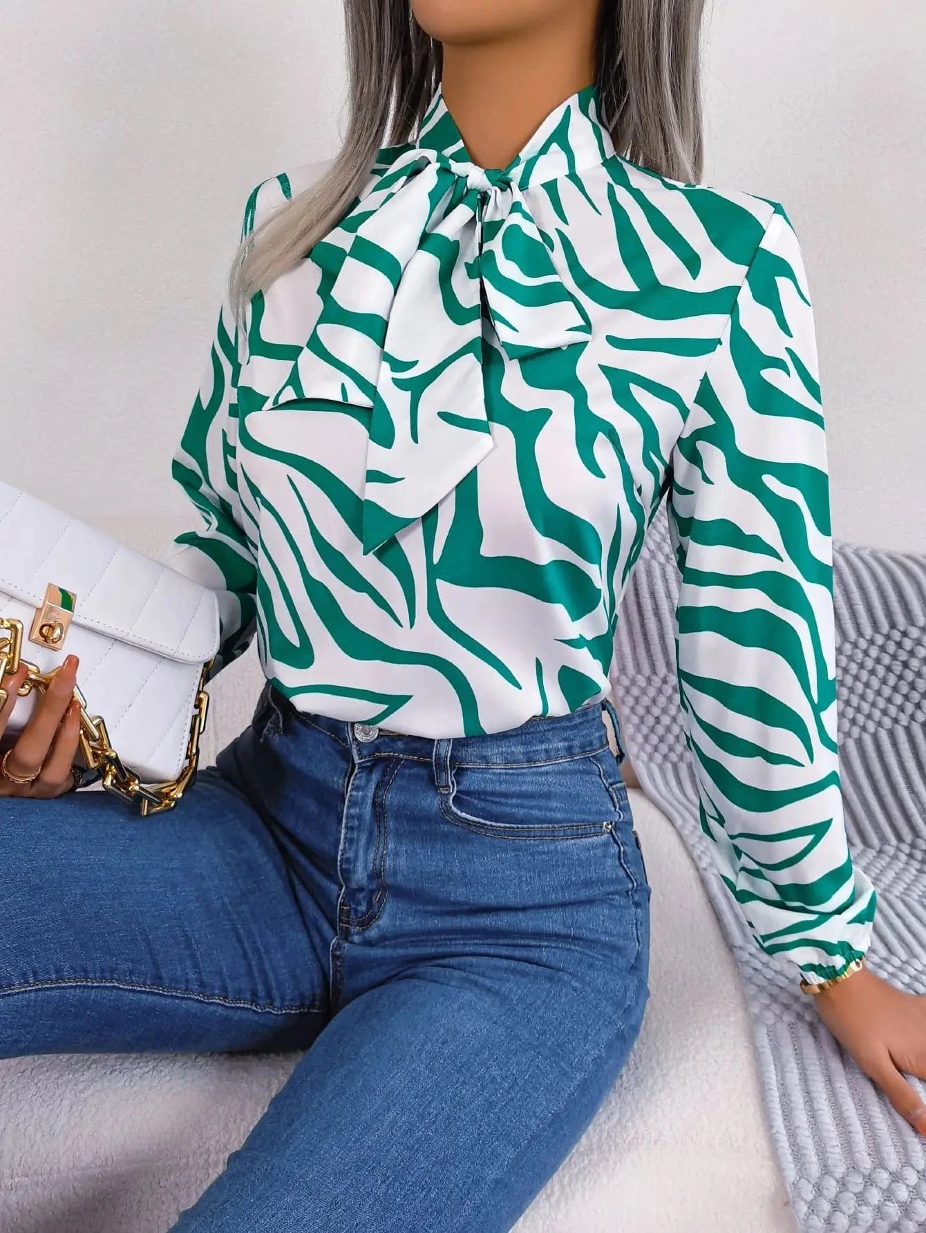 XL / green New Autumn Winter Temperament Contrast Color Stripes Lantern Sleeves Chiffon Shirt Top Casual Women's Office Shirt
