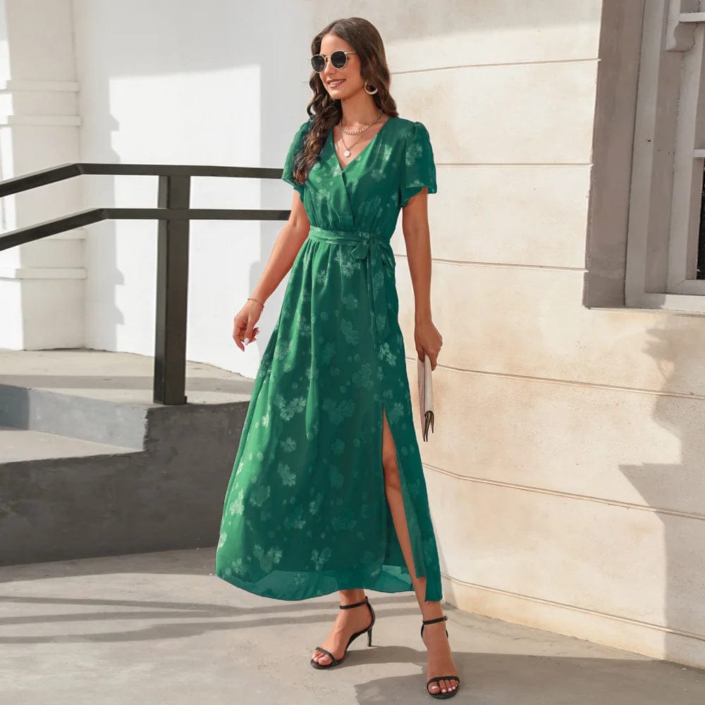 XL / green New V-neck High Waist Lacing Jacquard Slit Solid Color Short Sleeve Spring Summer Casual Daily  Women Long Dress