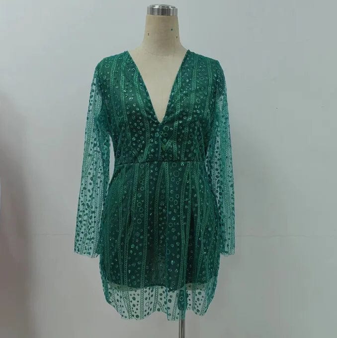 XL / green OEM Factory Hot Selling Sequin Foil Print Deep V-neck Sexy Short Women Dress
