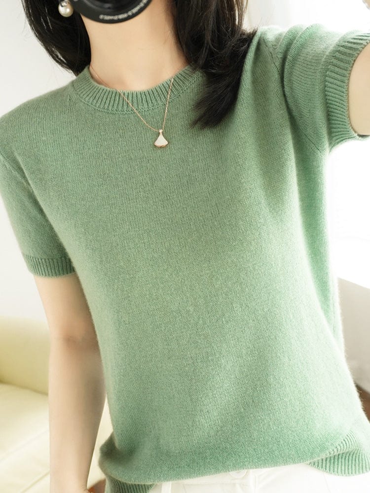 XL / green Pullover Women's Non-Cashmere Round Neck Short Sleeve Loose T-Shirt Inner Sweater Bottoming Spring Autumn Top
