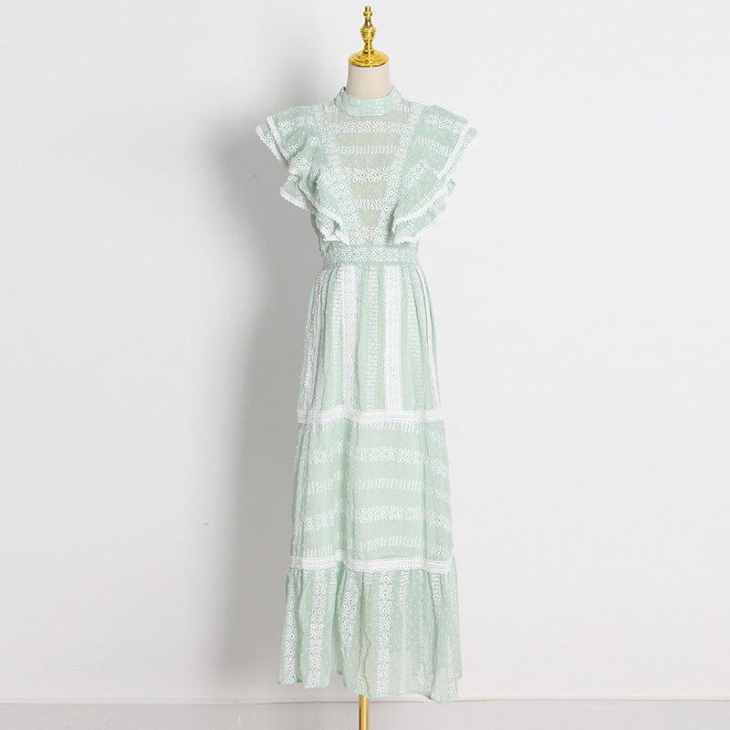 XL / green Ropa Para Mujer Style Sexy Lace Dress 2022 Autumn New Fashion Stand Collar Sleeveless Stitching Embroidery Ruffle Dress
