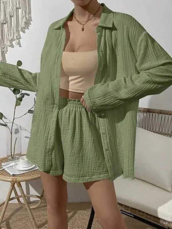 XL / green S-XL Spring/Summer Fashion Solid Color Long sleeved Shirt Set Women's casual loose shorts two-piece set