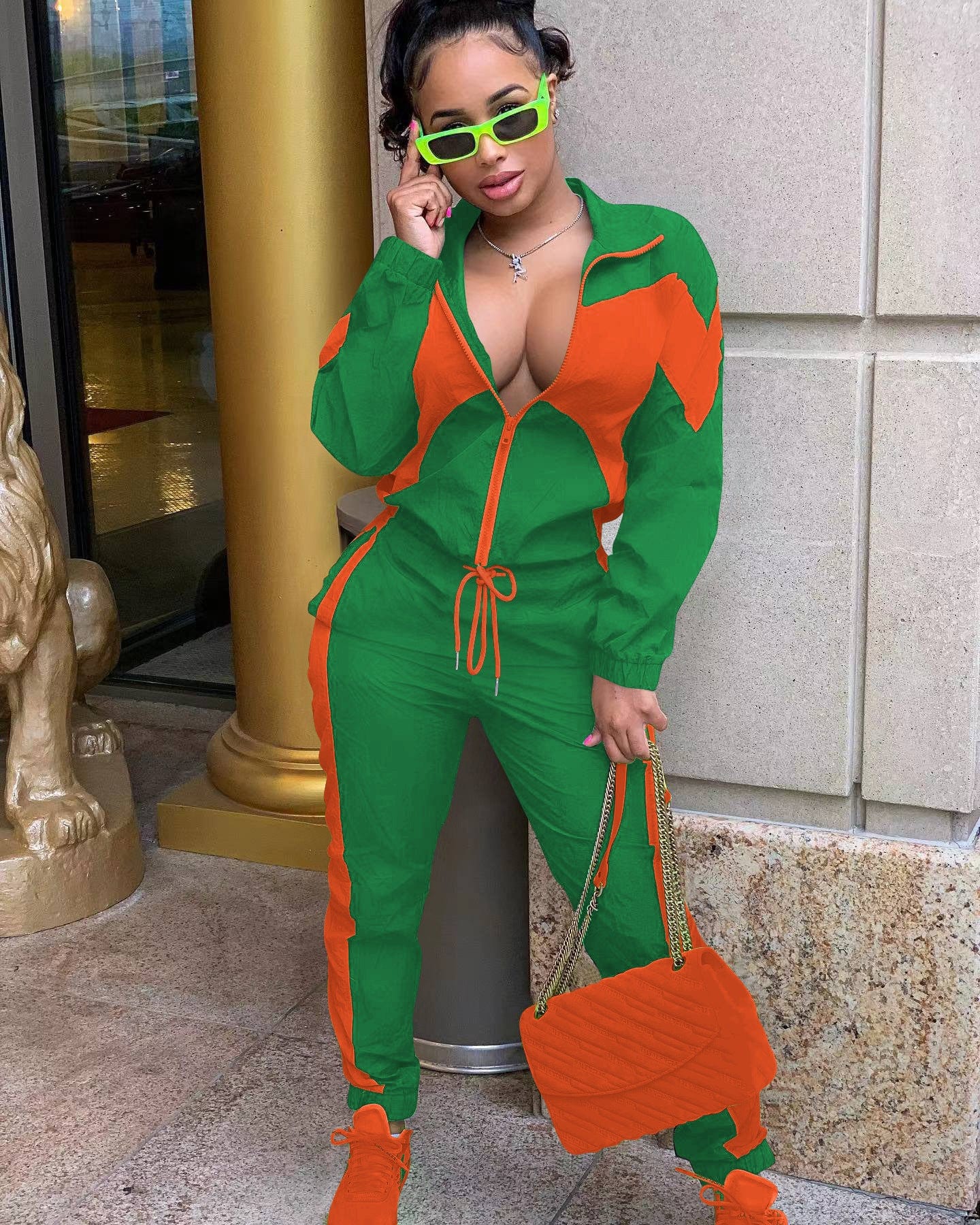 XL / green Sharee spring 2023 women s clothing Contrast Color female sweatsuits ladies track suit 2 piece set
