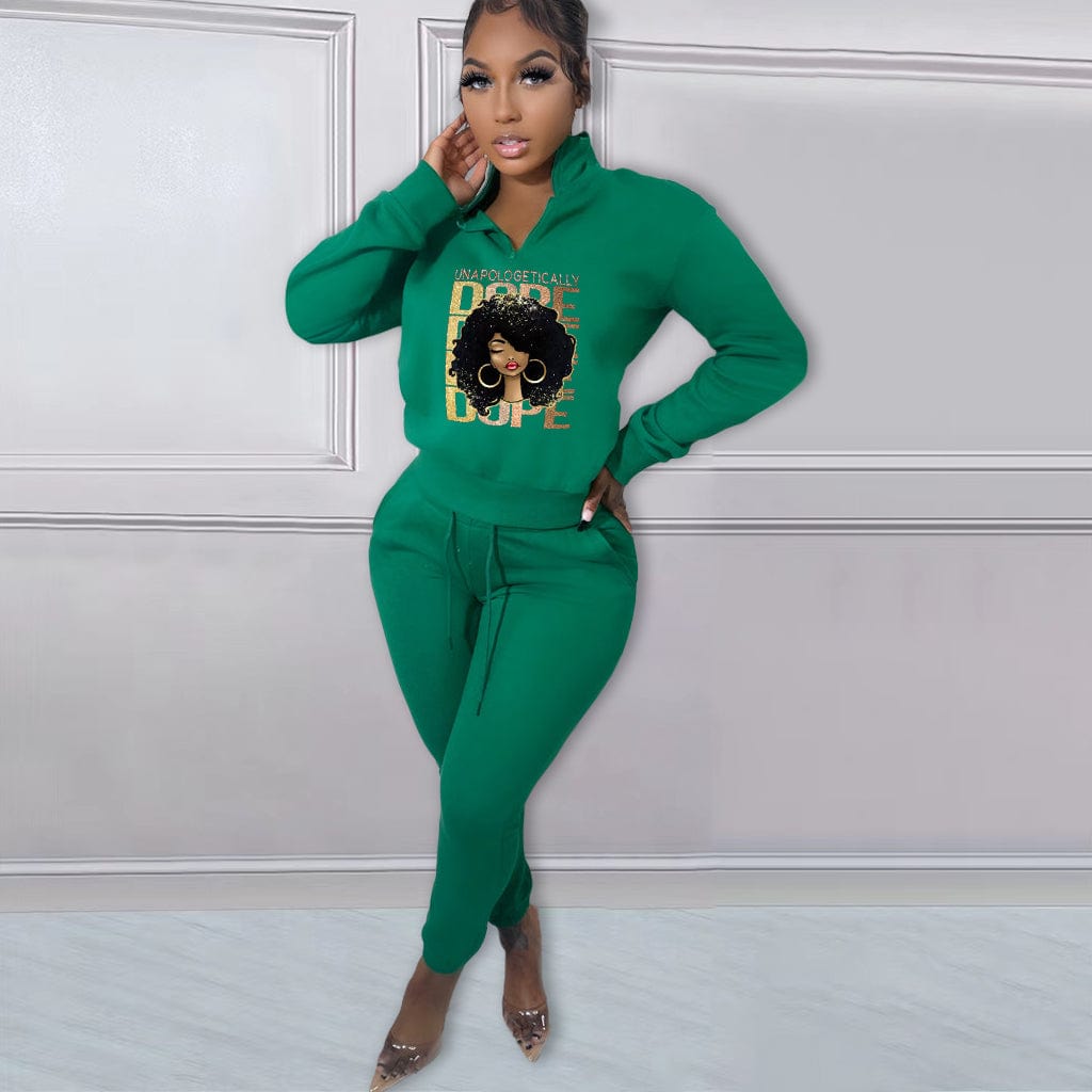 XL / green Trendy Women Clothes Autumn/Winter Printed Pattern Fleece Pullover Zipper High Neck Casual Sports 2 Pieces