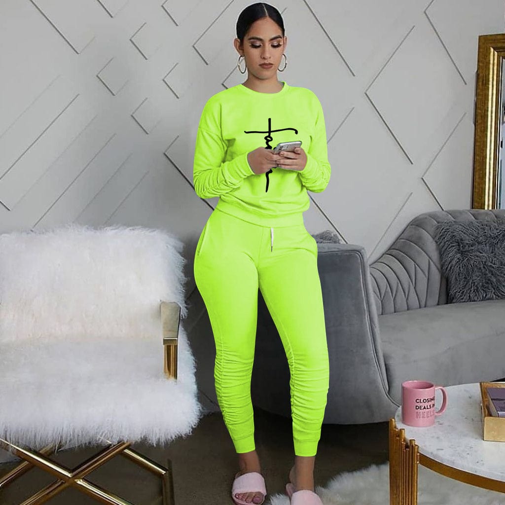 XL / green Trendy Women Clothes Women's Letter Printing Two-piece Suit Sports Jogger Tracksuit Fashion Yoga Outfit All Base Drop shipping