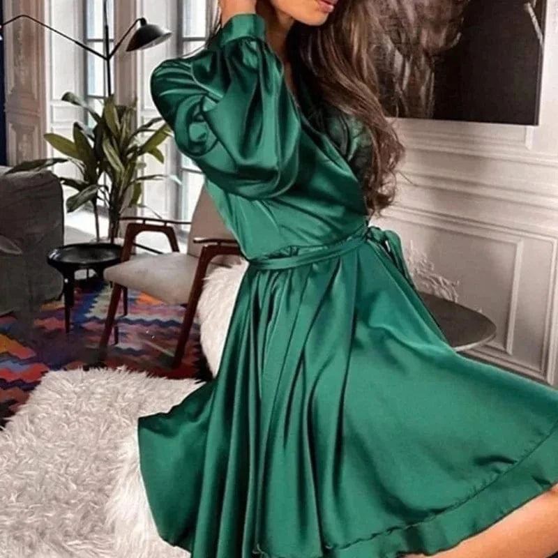 XL / green Winter new solid color satin lace-up elegant commuting long sleeve V-neck women's short dress