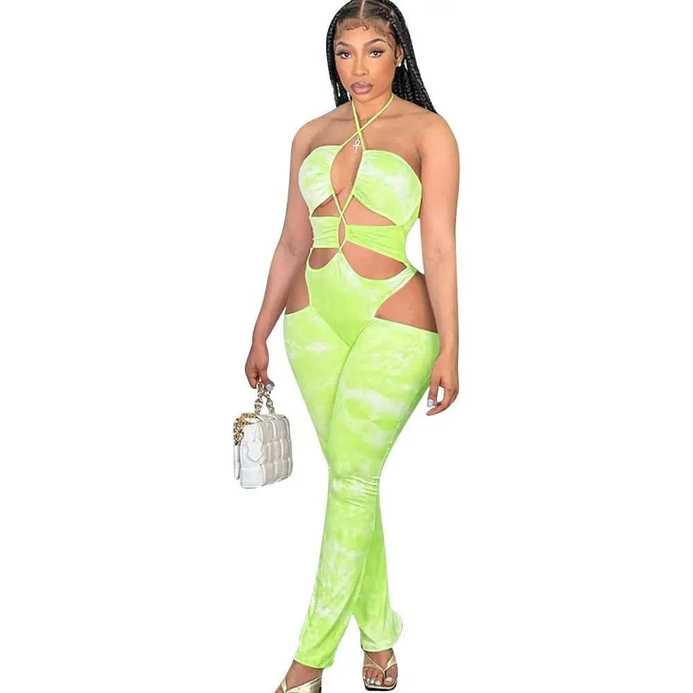 XL / green Women Lace Up Printed Sexy Playsuits Sleeveless Cut Out Summer Ladies Halter Tube Top Jumpsuit