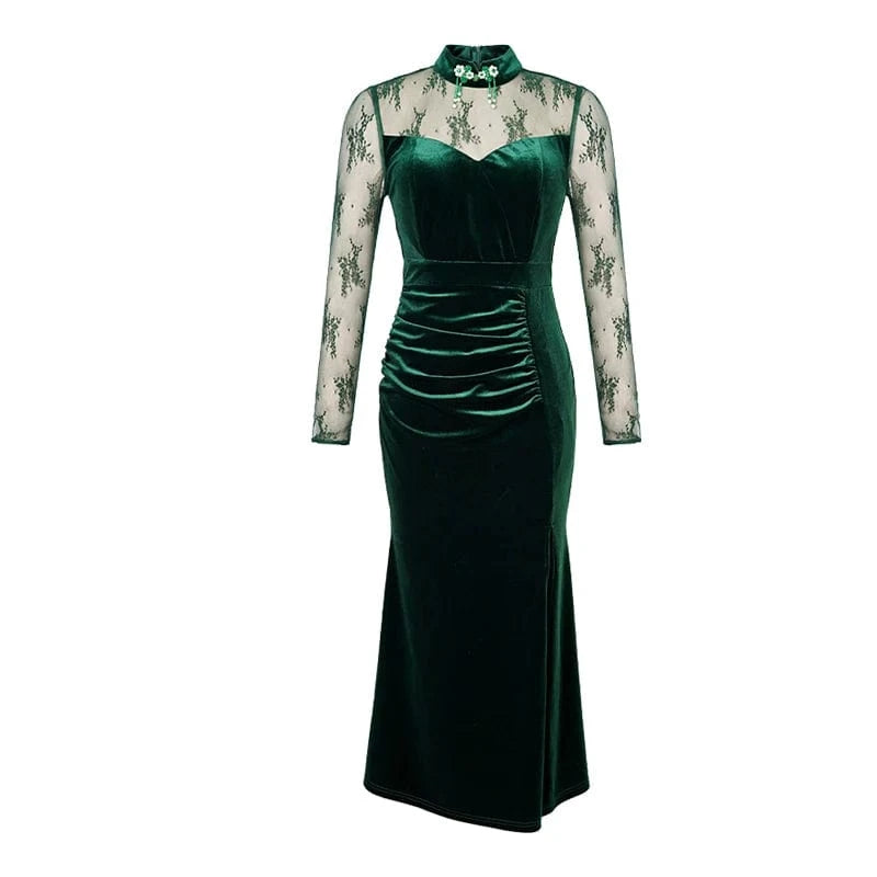 XL / green ZYHT 20996 Eco-Friendly Woven Cloth Lace Corset Velvet Long Dress Elegant Embroidered Trumpet Dresses for Lady