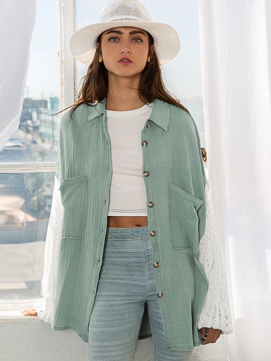 XL / GSCK004 Fall Soft Rayon Loose Hollow Out Lace Women Wholesale Button Down Shirt