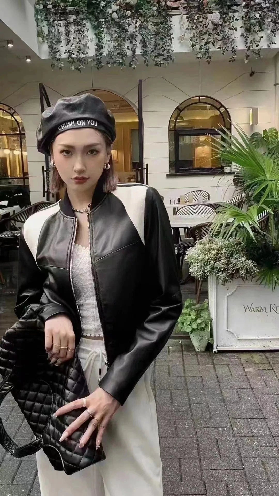 XL is suitable for wearing within 130 / Black Stand Collar Black And White Stitching Baseball Uniform Sheepskin Genuine Leather Clothes Leather Jacket Short Coat For Women