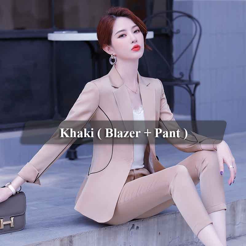 XL / Khaki 2 Piece set Wholesaler Soft and Comfortable Cyan Pant Suit Women Keep Slim Fashion OEM Style Office Lady Long Sleeve Blazer and Pant