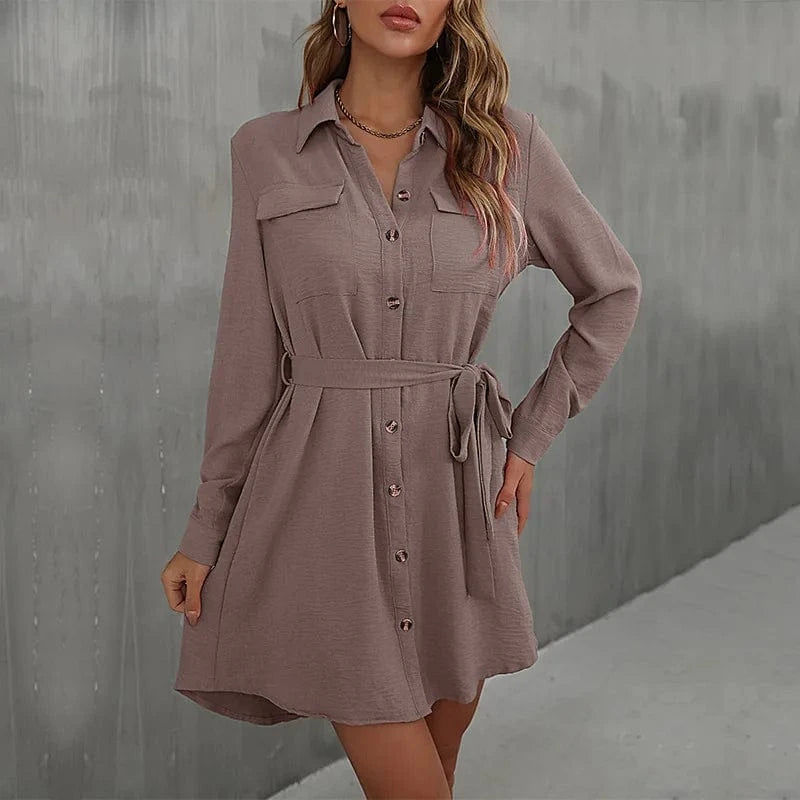 XL / Khaki 2024 Europe New Fashion Women Lady  Spring  Autumn Lapel Solid Color Casual  Daily Long-sleeved Waist-tied Midi Dress