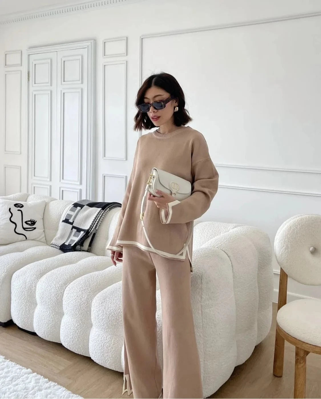 XL / Khaki 2024 New Knitted suit Sweater suit Long-sleeved Short-sleeved Pullover High Waist Wide-leg Pants Two-piece Set