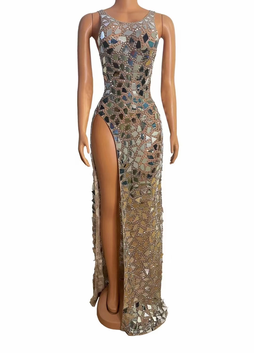 XL / Khaki AD1439 Kimshein Women Elegant Robe High Split Hollow Out Beaded Sequin Mesh Prom Dresses Party Evening Dinner